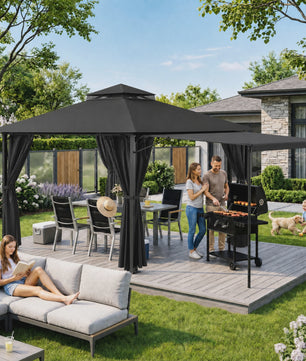 Luxe Tuinpaviljoen met Uitschuifbare Zijluifel, Dubbel Dak & Muggennet
