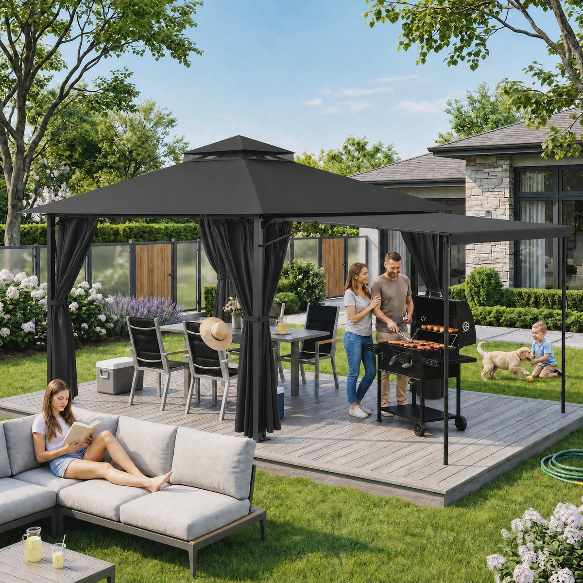 Luxe Tuinpaviljoen met Uitschuifbare Zijluifel, Dubbel Dak & Muggennet