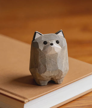 Handgemaakte Houten Mini Wolf Beeldje - Schattig Dieren Decoratie voor Bureau