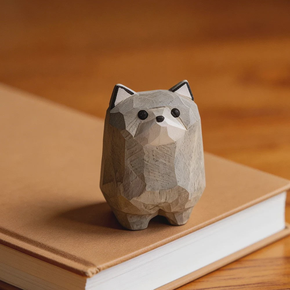 Handgemaakte Houten Mini Wolf Beeldje - Schattig Dieren Decoratie voor Bureau