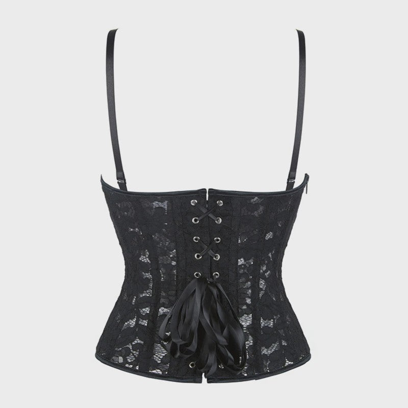 Zwart kanten korset top met mesh en ritssluiting - Sexy bustier voor feesten