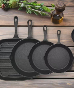 Set van 4 Gietijzeren Koekenpannen - Non-stick, Vooraf Ingebrand, Grillpan