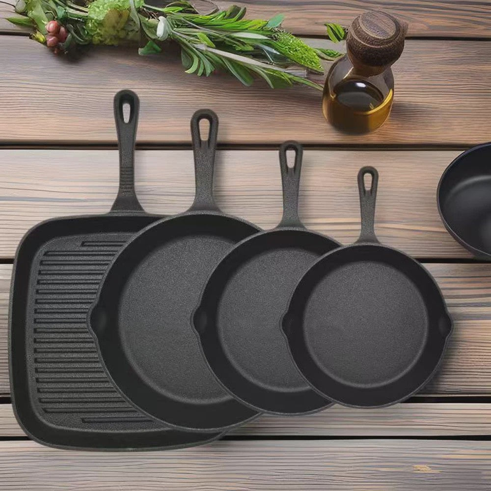 Set van 4 Gietijzeren Koekenpannen - Non-stick, Vooraf Ingebrand, Grillpan