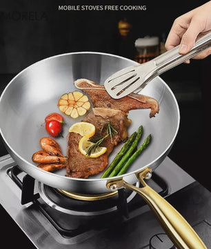 3-delige Set Roestvrij Staal Koekenpannen & Wok met Gouden Handvat - 5-laags Staal, Non-stick
