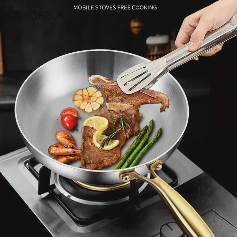 3-delige Set Roestvrij Staal Koekenpannen & Wok met Gouden Handvat - 5-laags Staal, Non-stick