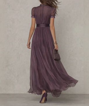 Elegante Lange Chiffon Jurk met Kant en Keyhole Hals - Dames Avondjurk