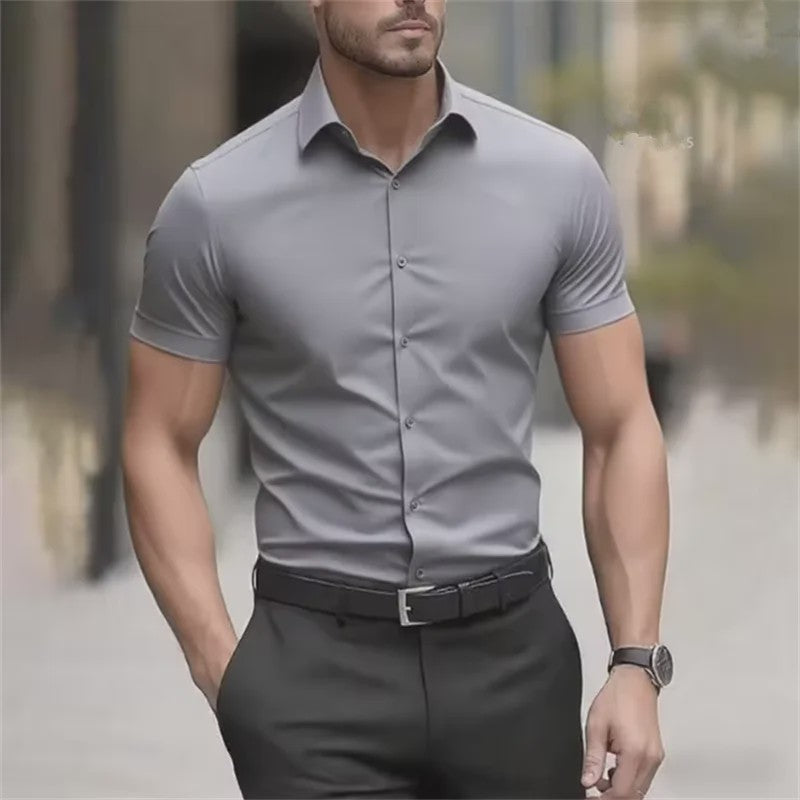 Heren Zomer Overhemd Korte Mouw Stretch Slim Fit - Zwart, Maat 5XL