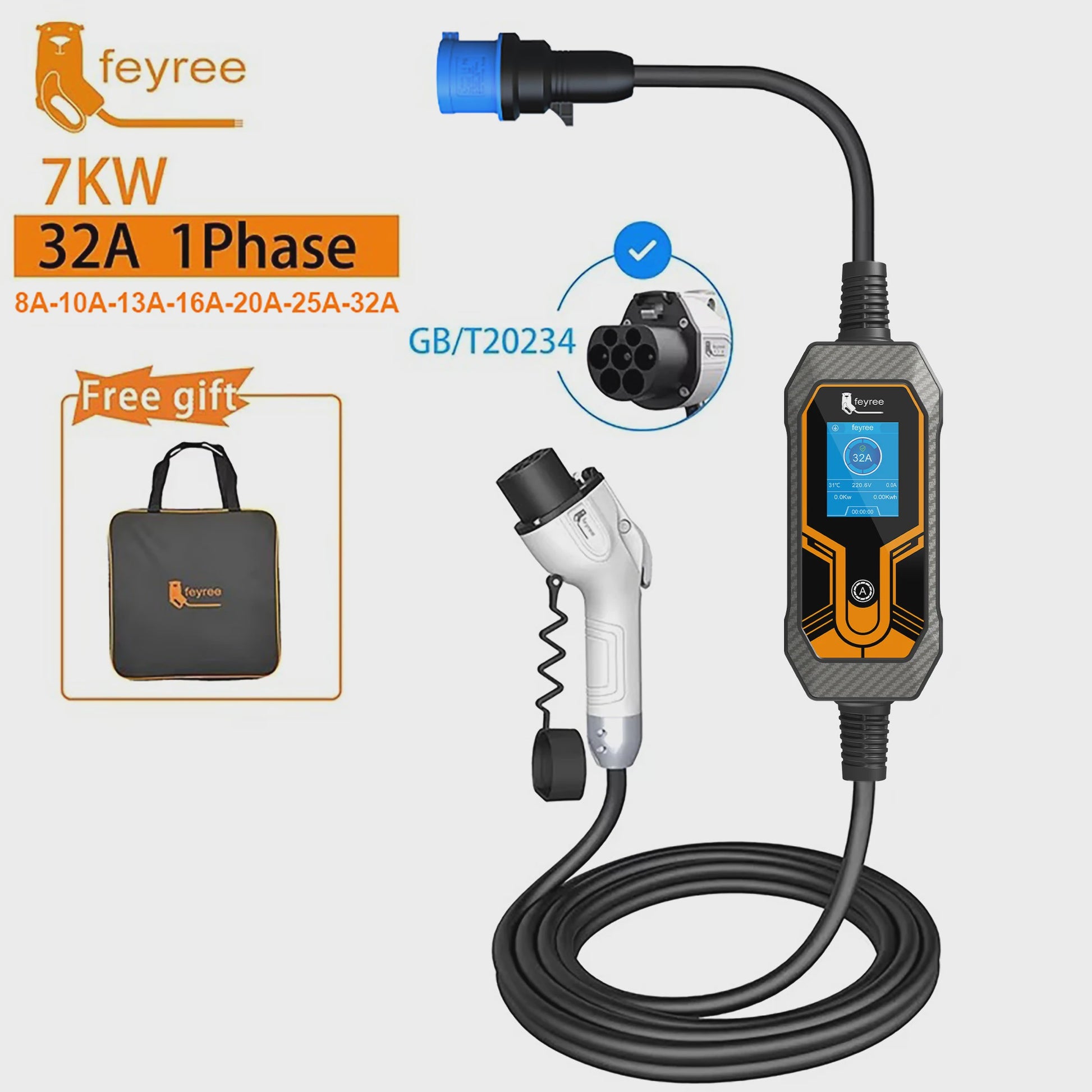 Feyree Draagbare EV Oplader - 3.5KW/7KW/11KW, 16A/32A, 1- & 3-Fase, Instelbare Stroom, GB/T
