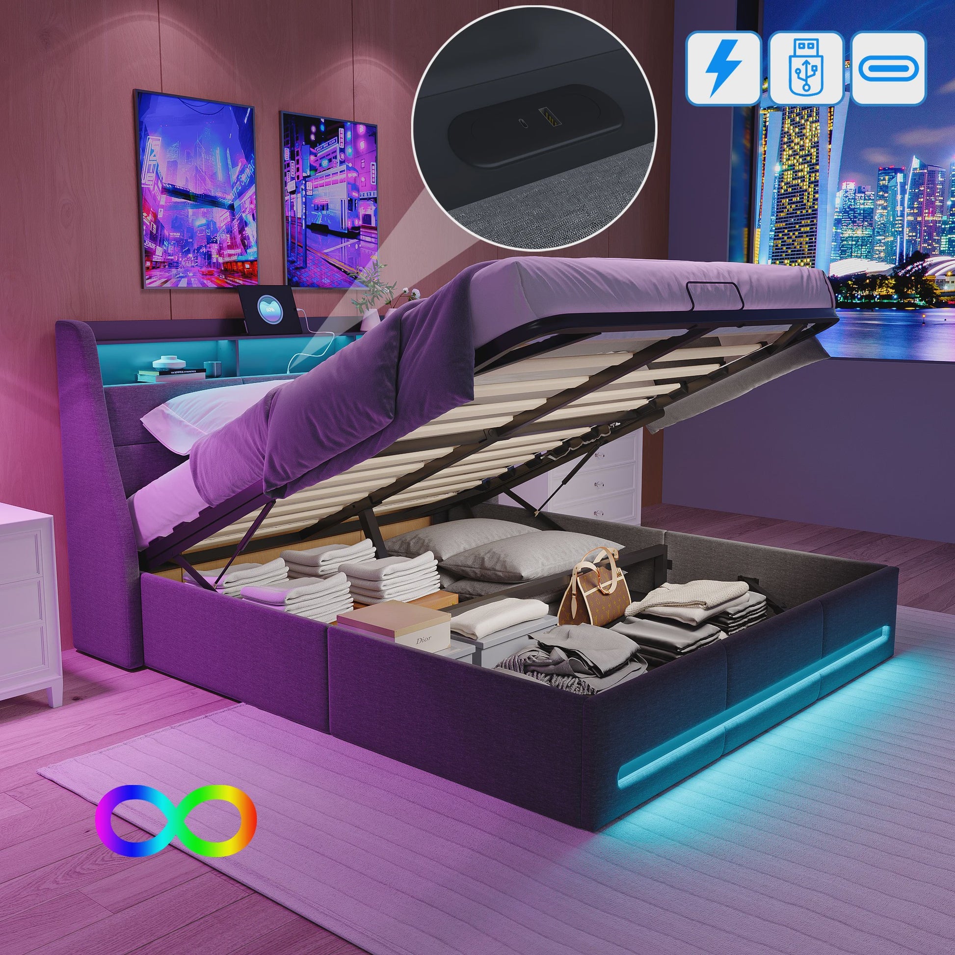Luxe Gestoffeerd Bed 140/160x200cm met LED Verlichting, USB en Opbergruimte