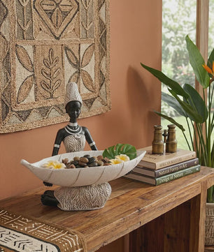 Afrikaanse Tribale Vrouw Beeld met Blad Schaal - Decoratieve Opberger