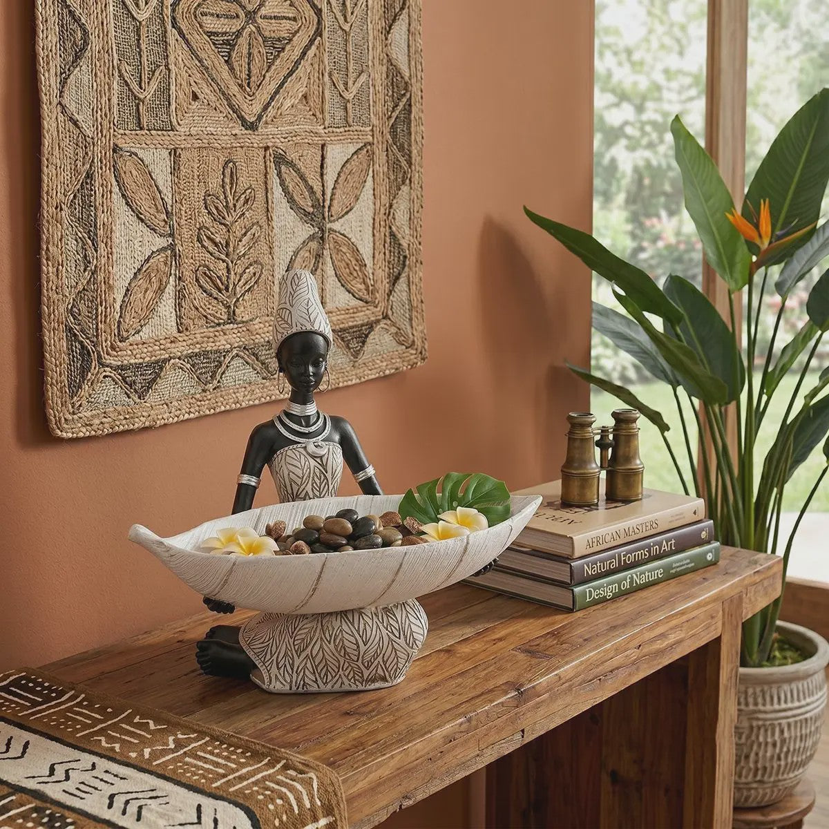 Afrikaanse Tribale Vrouw Beeld met Blad Schaal - Decoratieve Opberger