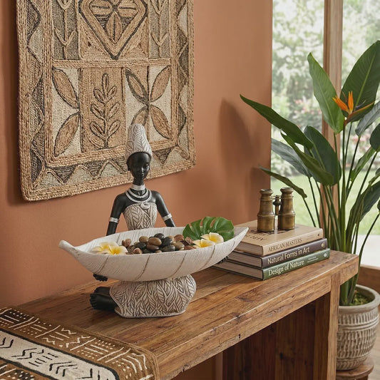 Afrikaanse Tribale Vrouw Beeld met Blad Schaal - Decoratieve Opberger