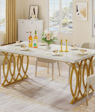 Moderne Eettafel Marmerlook 160cm Rechthoekig voor 4-6 Personen met Gouden Onderstel