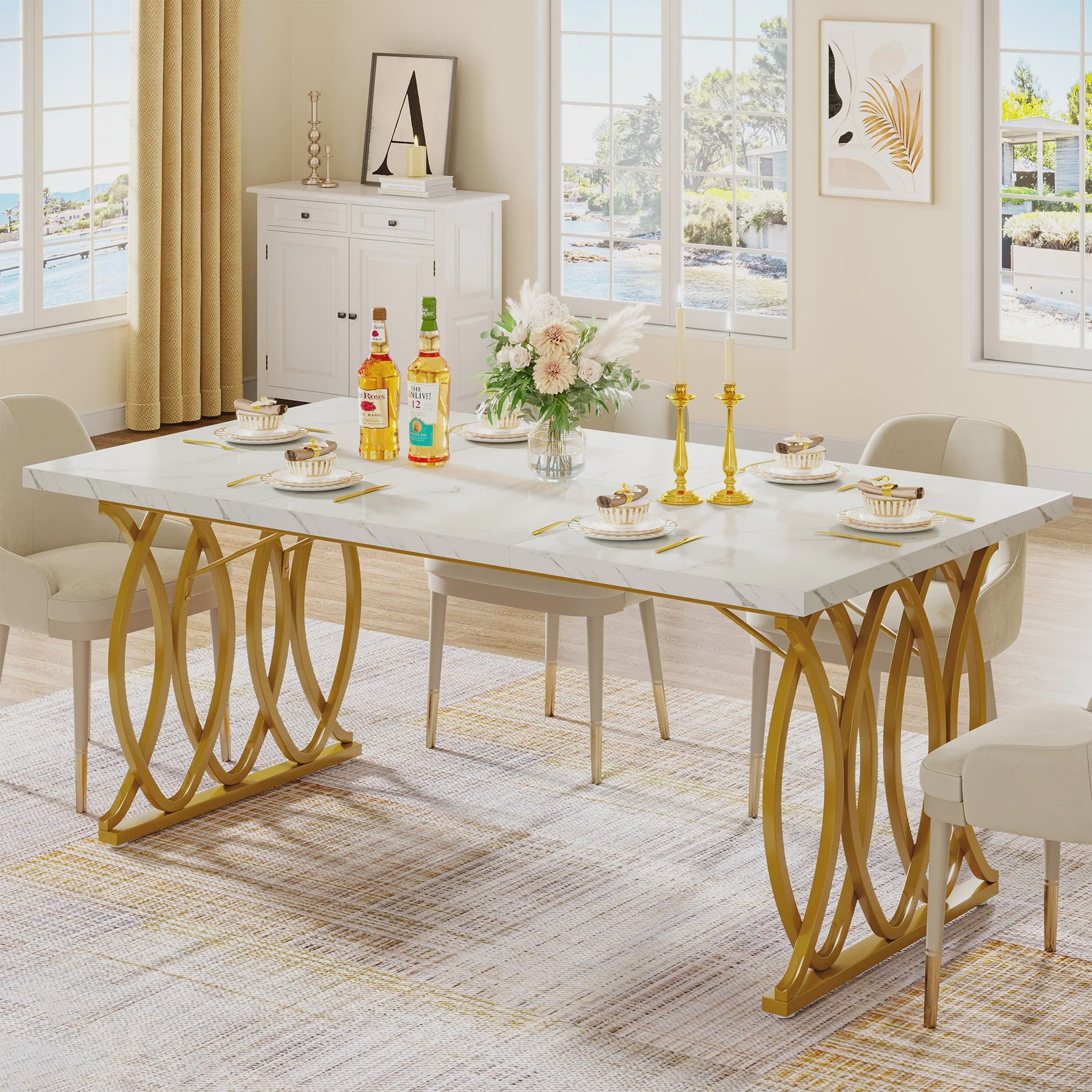Moderne Eettafel Marmerlook 160cm Rechthoekig voor 4-6 Personen met Gouden Onderstel