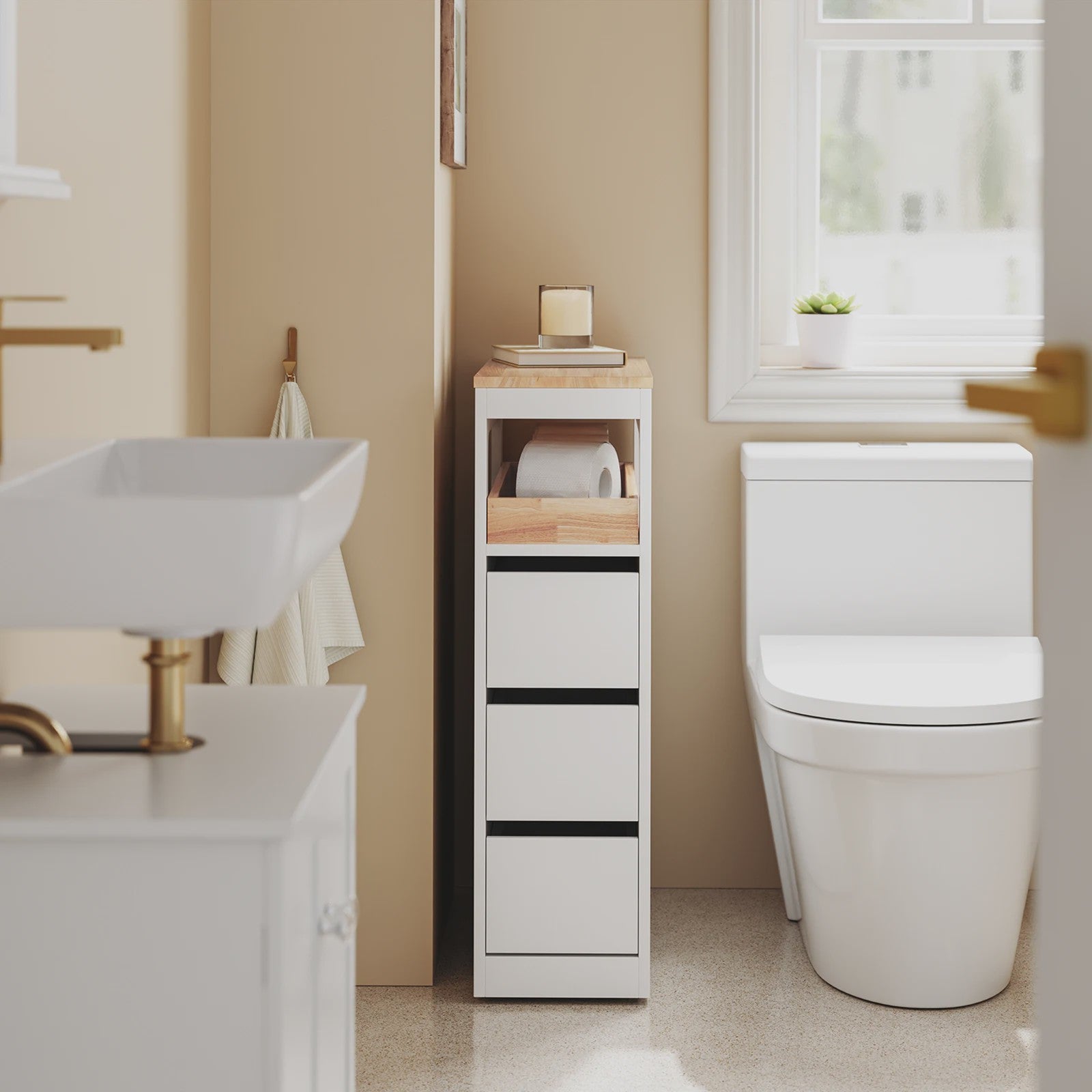 Smalle Badkamerkast met 3 Lades en Afneembare Tray - Houten Bovenblad