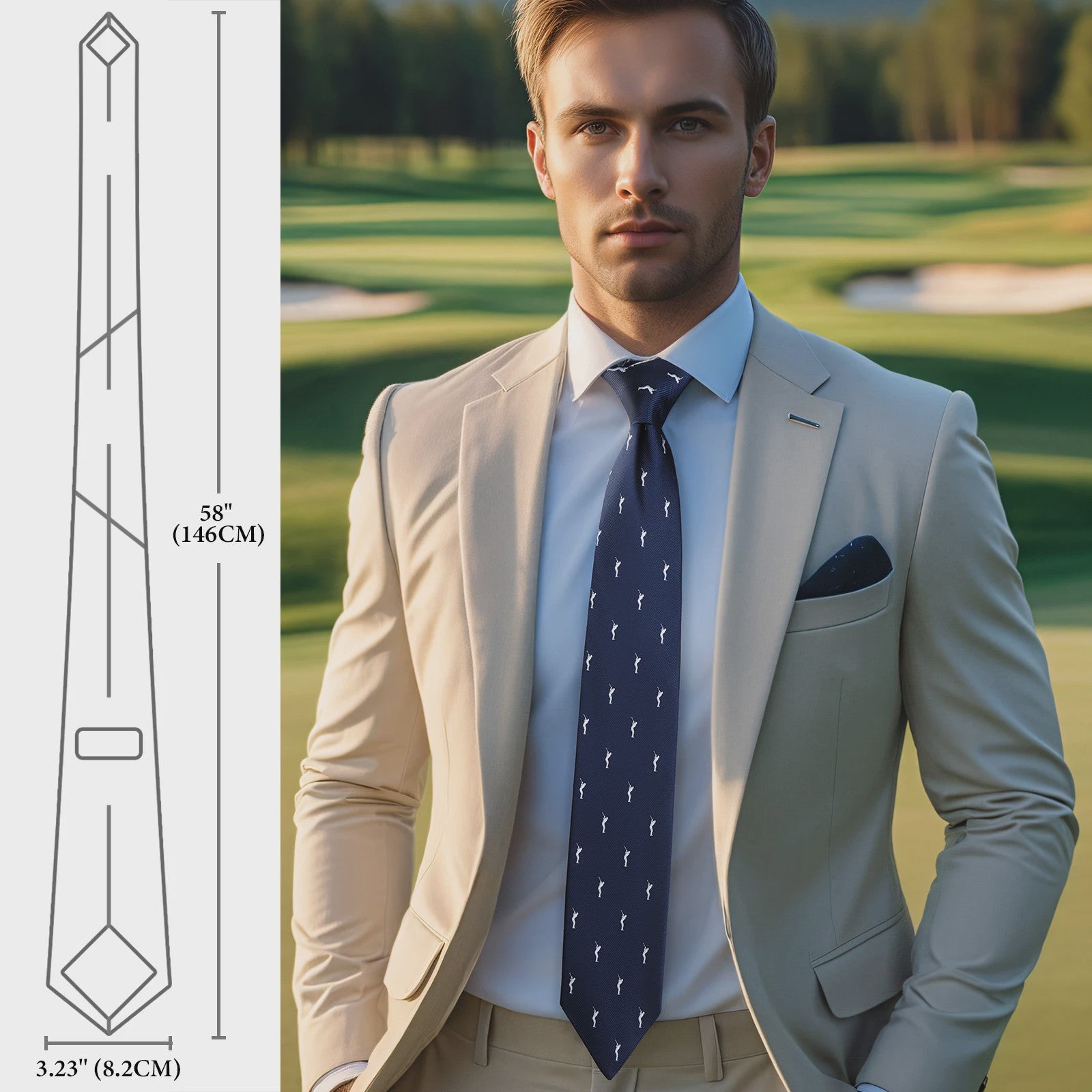 Navy Blauwe Heren Stropdas met Golfspeler Patroon - 146cm