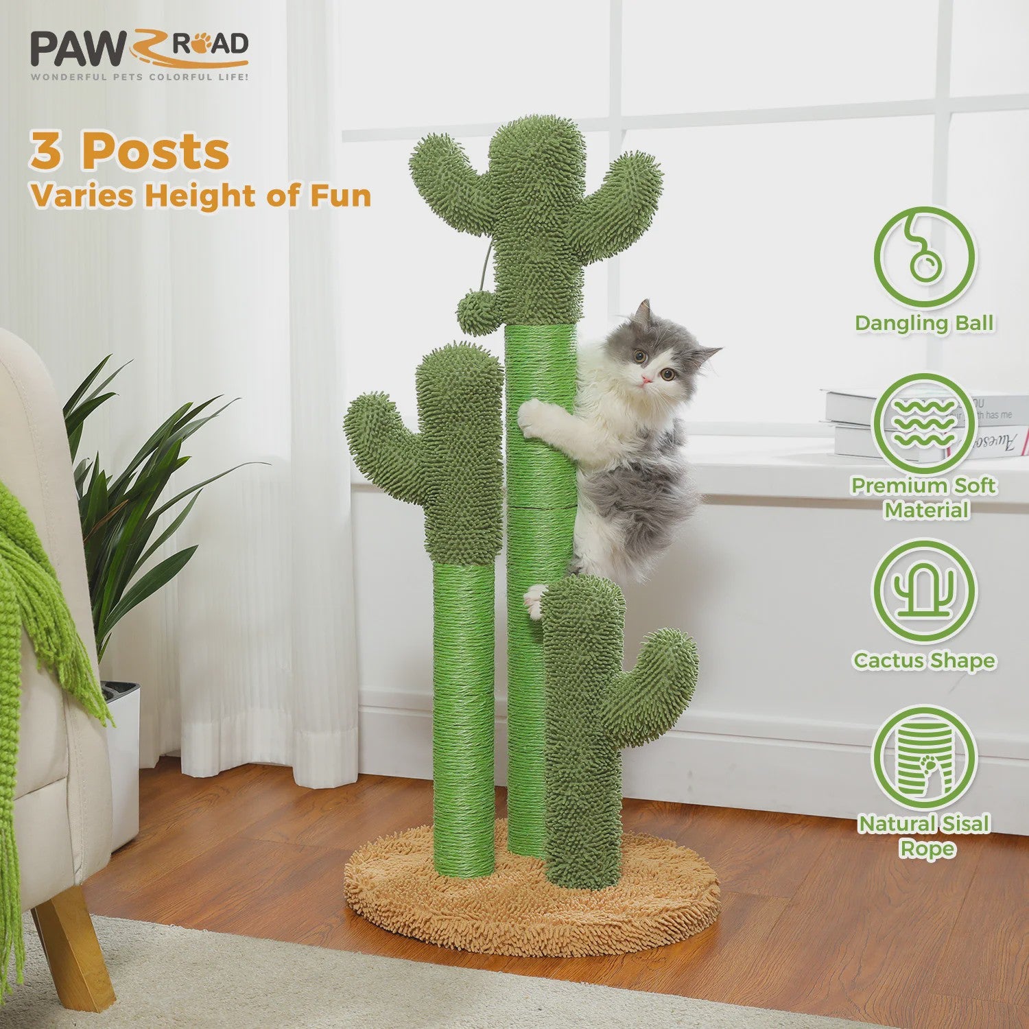 Cactus Krabpaal XL voor Katten - 3 Sisal Palen & Speelbal