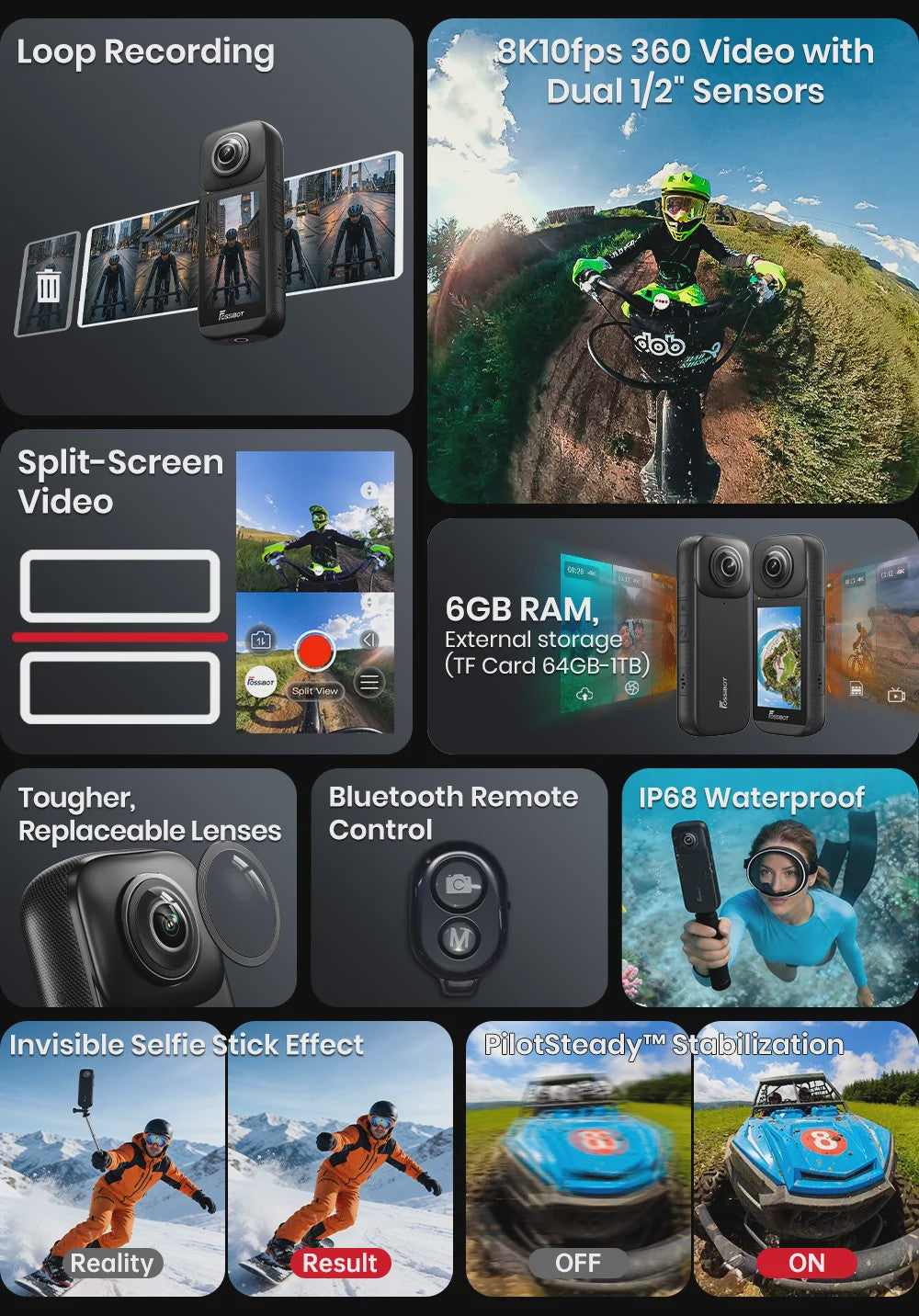 FOSSIBOT FC360 8K Actiecamera met IP68 Waterdichtheid en Invisible Selfie Stick