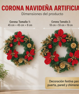Kunstkerstkrans Rood met Poinsettia & Gouden Dennenappels - 45/55cm