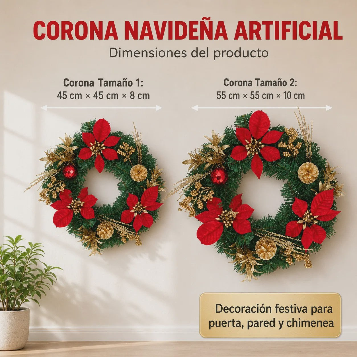Kunstkerstkrans Rood met Poinsettia & Gouden Dennenappels - 45/55cm
