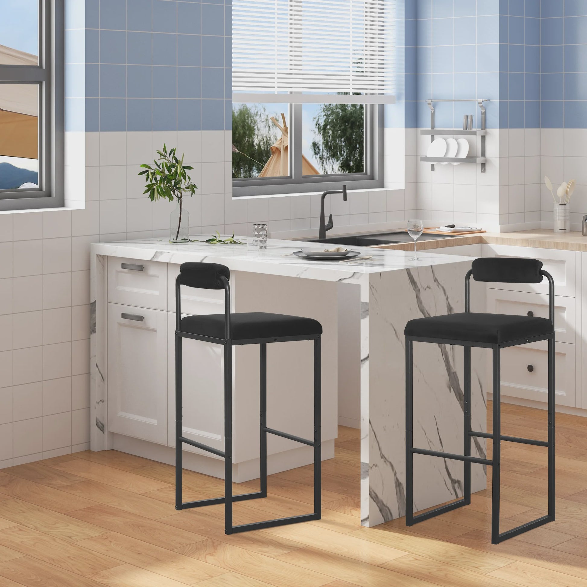 Set van 2 Moderne Keuken Barkrukken met Rugleuning en Voetensteun - Ergonomisch Design