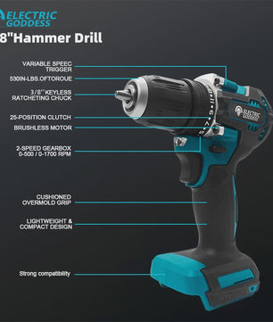 Krachtige Brushless Accuboormachine 1700 RPM - 10mm Klauw - Compatibel met Makita 18V Accu