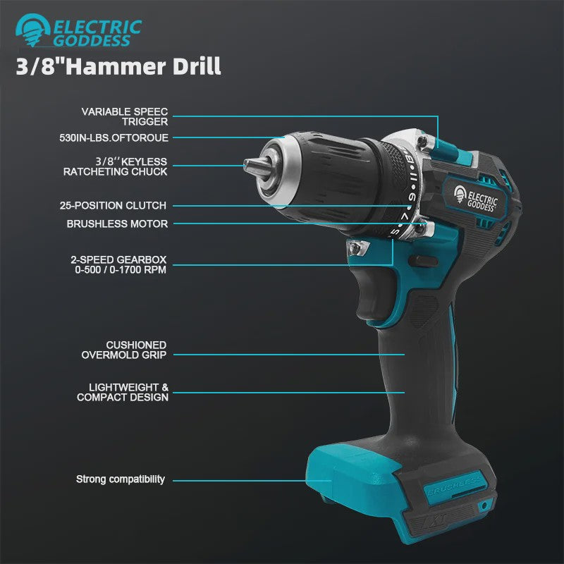 Krachtige Brushless Accuboormachine 1700 RPM - 10mm Klauw - Compatibel met Makita 18V Accu