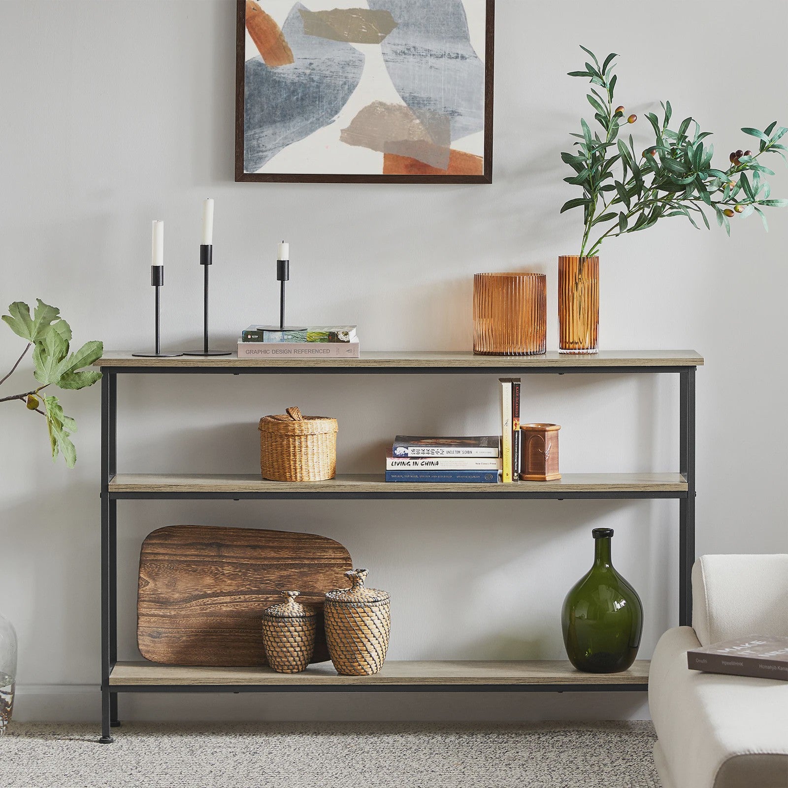 Vintage Console Tafel met 3 etages - Smalle Haltafel & Bijzettafel