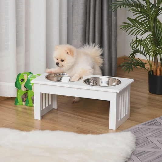 Verhoogde Dubbele Voerbak voor Honden met RVS kommen - Wit