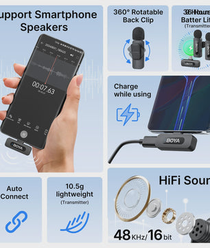 Draadloze Lavalier Microfoon BOYA BY-V voor iPhone, iPad & Android - Live Opnames & Interviews