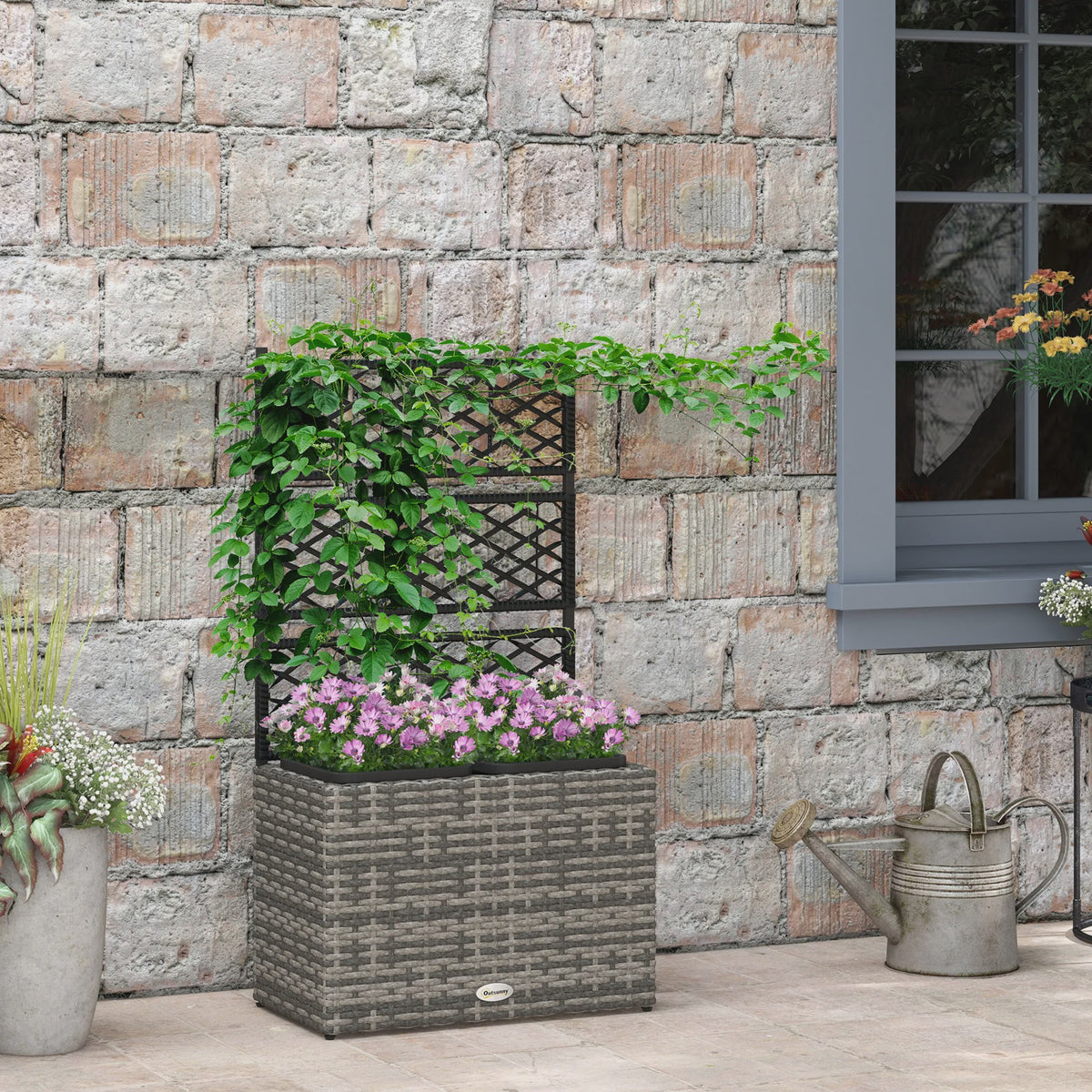 Outsunny Plantenbak met Klimrek - 3 Bakken, 22L, Grijs Rotan Look
