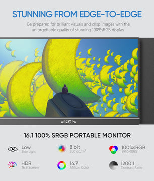 ARZOPA 16.1" Draagbare Monitor - FHD 1080P IPS, 100% sRGB, Ultraslank & Lichtgewicht