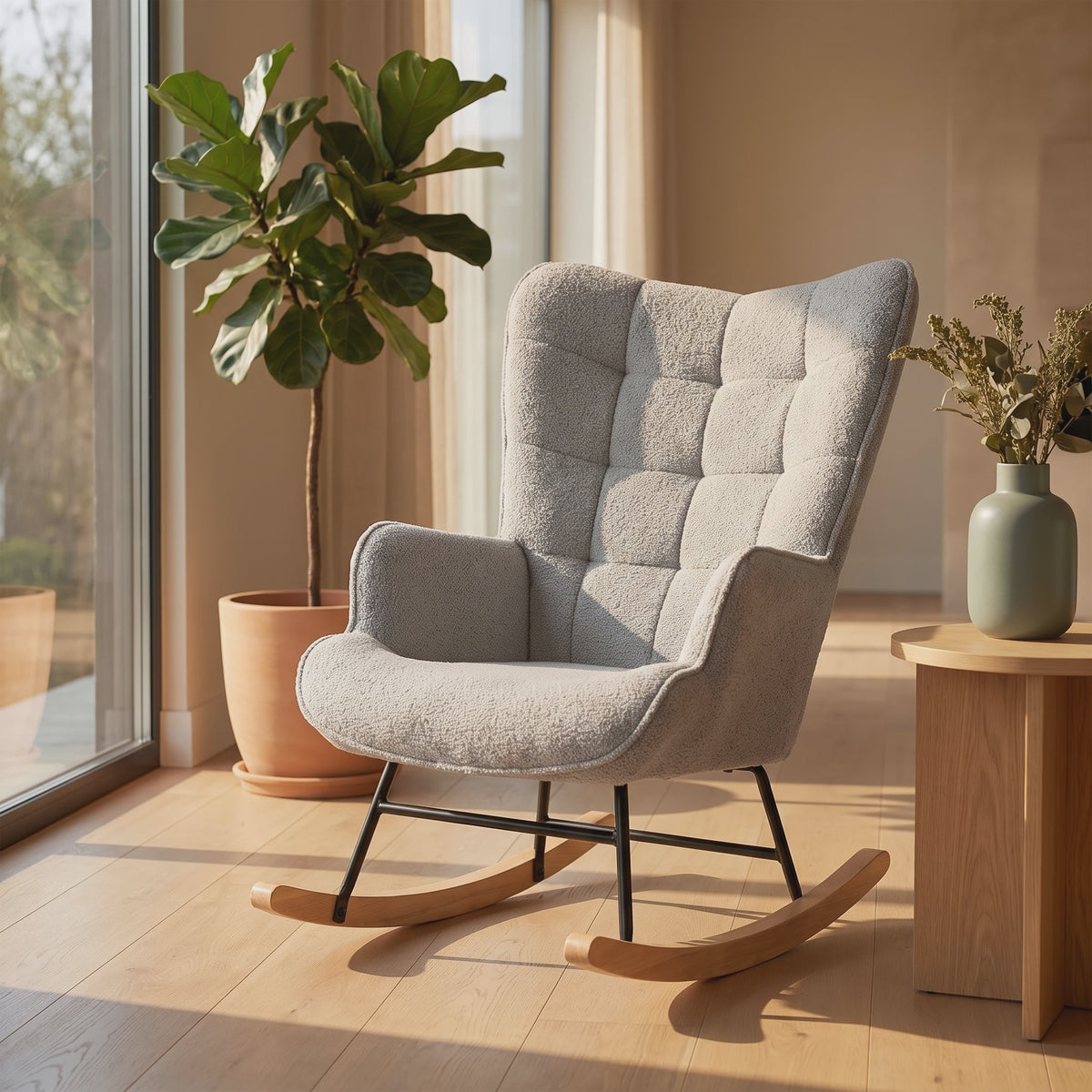 Anajqaqia Schommelstoel Teddy Stof Lichtgrijs - Comfortabele Relaxfauteuil