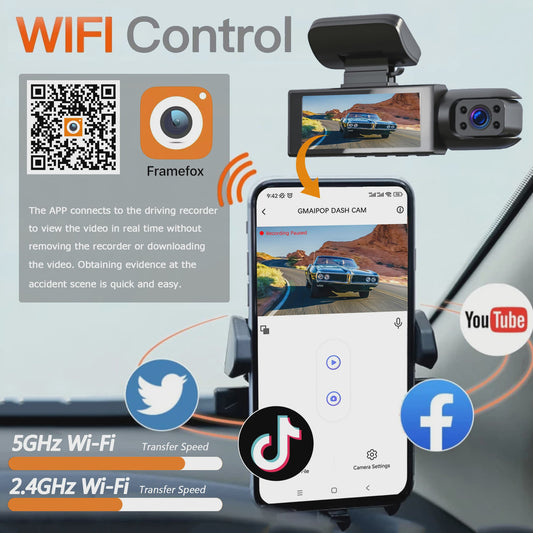 1080P Dual Dashcam: Voor en Binnen, Nachtzicht & WiFi