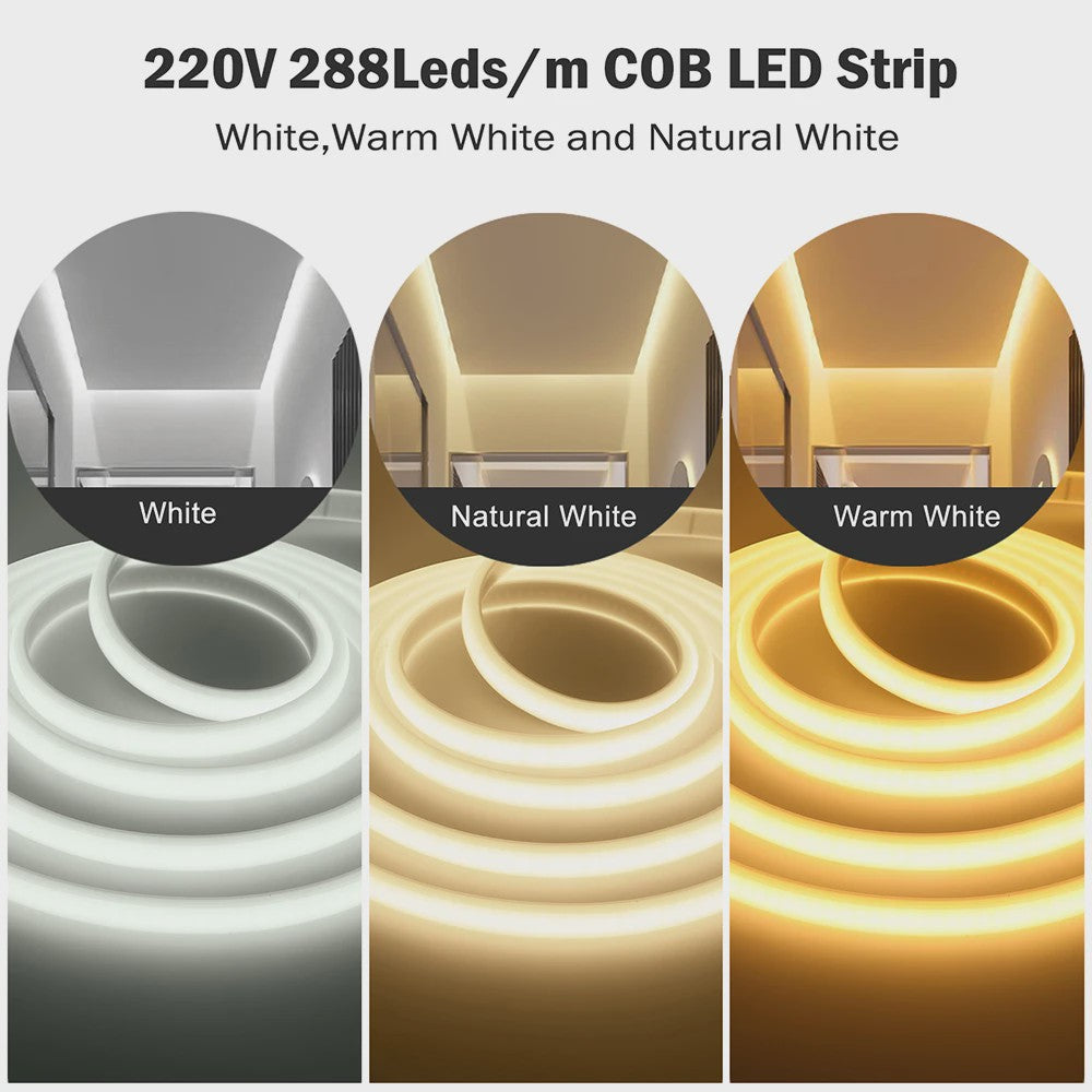 220V COB LED Neon Strip - Dimbaar, Waterdicht, Flexibel - Warm/Natuurlijk Wit