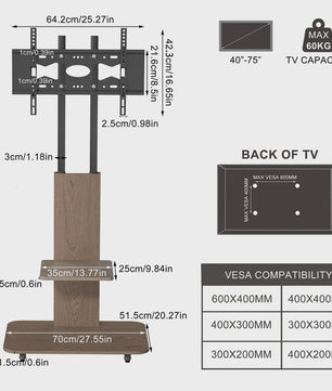Verrijdbaar TV-meubel met Plank - In Hoogte Verstelbaar (40-75 inch) - Heavy Duty Staal & Hout