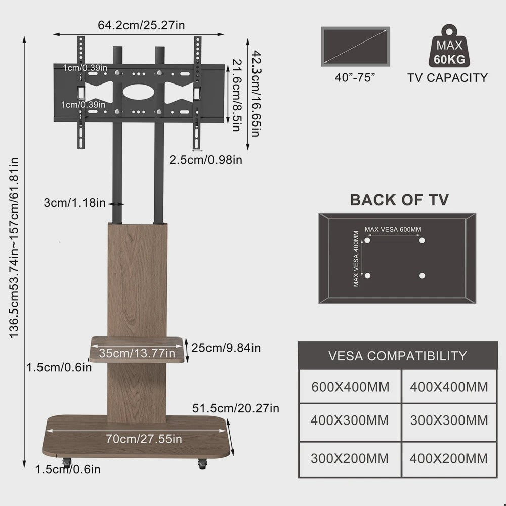 Verrijdbaar TV-meubel met Plank - In Hoogte Verstelbaar (40-75 inch) - Heavy Duty Staal & Hout