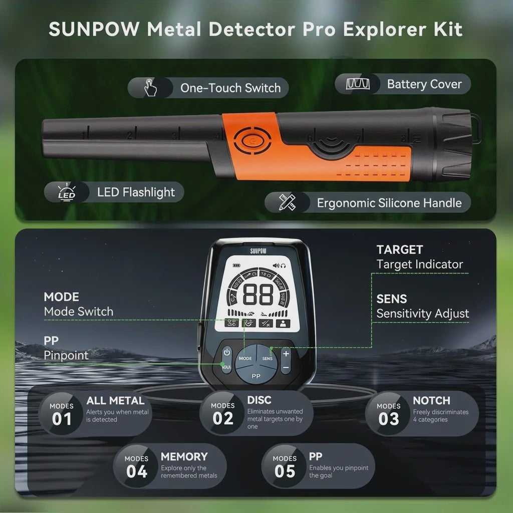 SUNPOW Professionele Metaaldetector met Pinpointer - Oplaadbaar, Waterdicht, 5 Modi