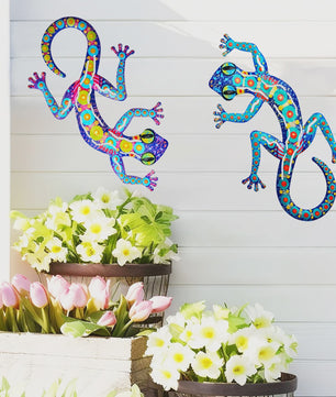 Kleurrijke Metalen Muurdecoratie Gecko - Levendige Hagedis Sculptuur voor Binnen & Buiten