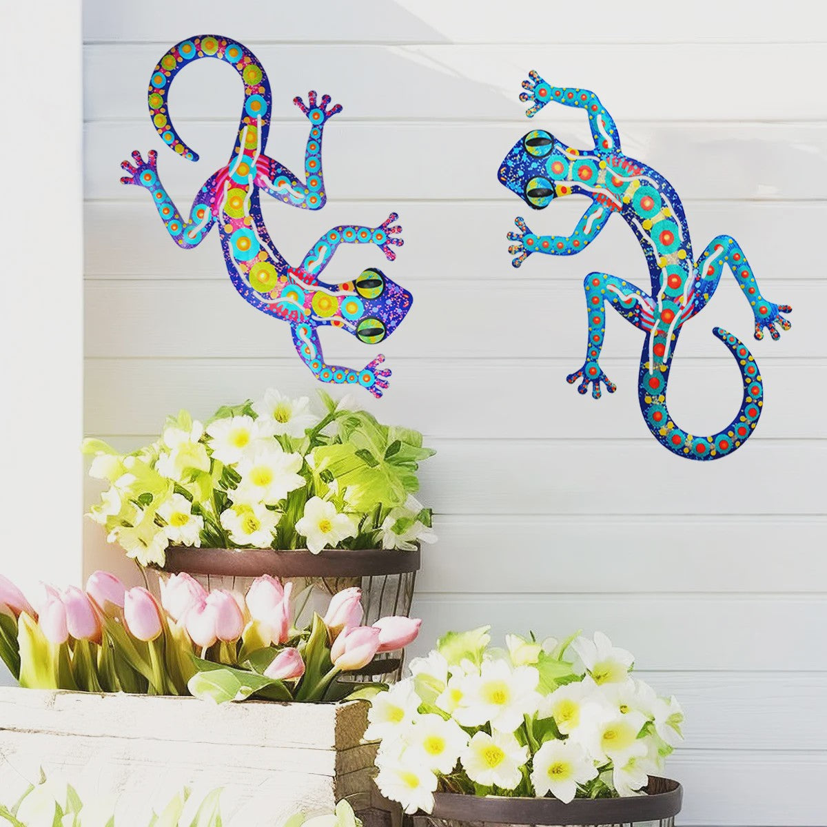 Kleurrijke Metalen Muurdecoratie Gecko - Levendige Hagedis Sculptuur voor Binnen & Buiten