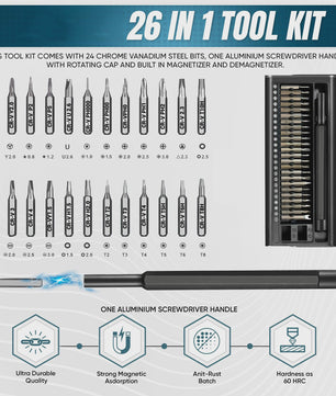26-delige Precisie Schroevendraaierset met 24 Magnetische Bits en Ingebouwde Magnetizer