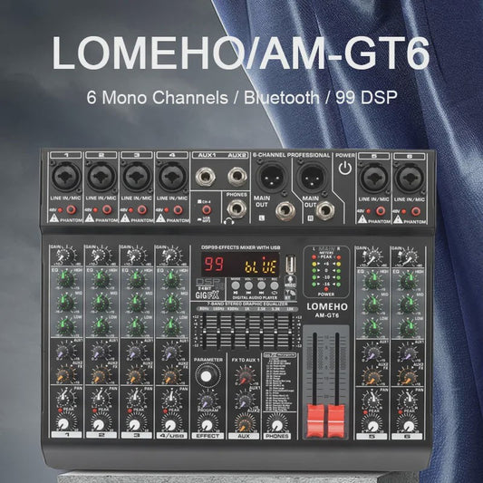 Lomeho AM-GT6/8 Professionele Audio Mixer Console met 7-Band EQ, USB & 99 Effecten