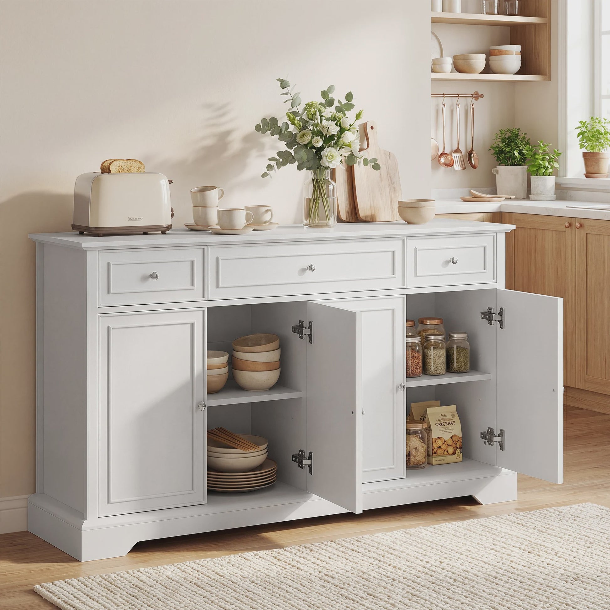 HOMCOM Buffetkast Woonkamer - Wit, 3 Lades, 4 Deuren met Soft-close en Verstelbare Planken