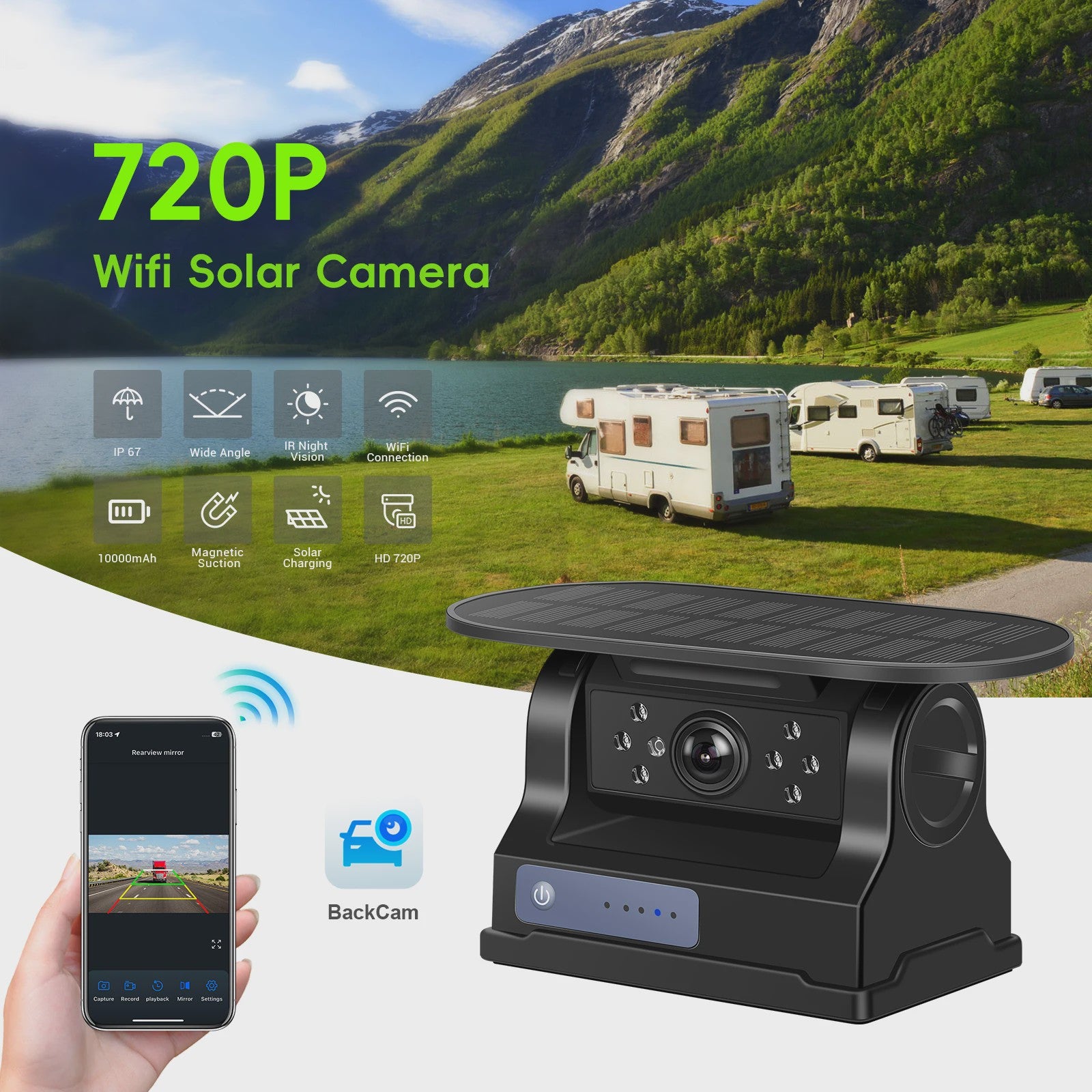 Draadloze Solar Auto Camera HD 720P met Nachtzicht & WiFi - IP67 Waterdicht