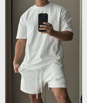 Heren Katoenen Set: Trendy T-shirt met Korte Mouwen en Shorts