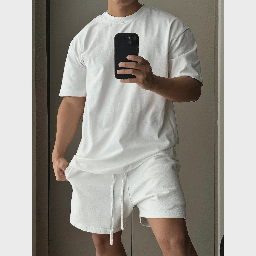 Heren Katoenen Set: Trendy T-shirt met Korte Mouwen en Shorts