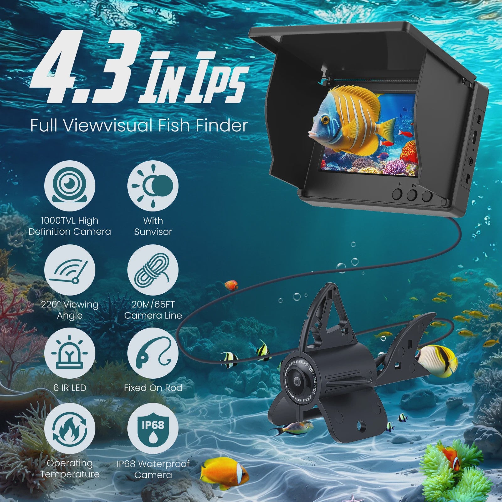 Fish Finder Underwater Camera 1080P HD 4.3 Inch LCD Fishing Camera With 8000mAh Battery Portable Fishing Tools With Night Vision