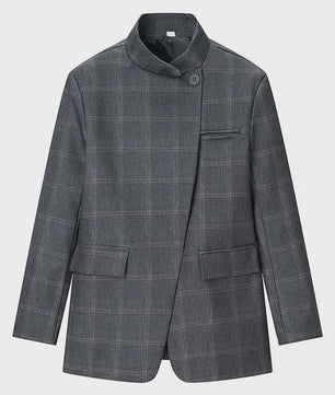 Chique Geruite Blazer Jas met Opstaande Kraag - Dames Casual Chic