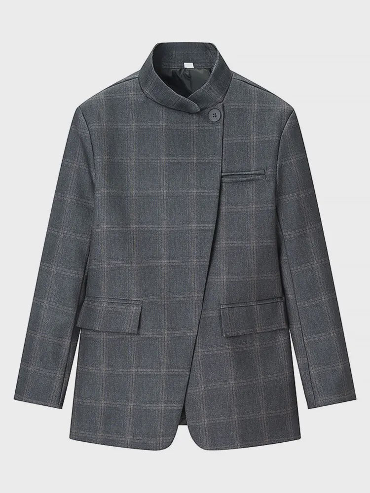 Chique Geruite Blazer Jas met Opstaande Kraag - Dames Casual Chic