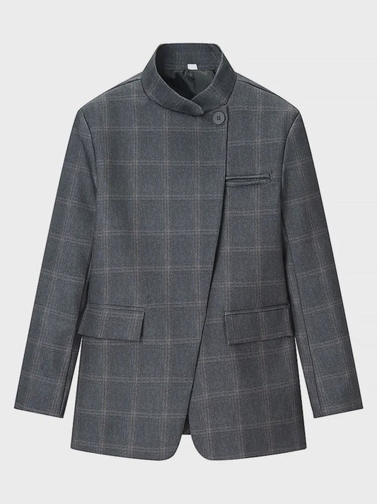 Chique Geruite Blazer Jas met Opstaande Kraag - Dames Casual Chic